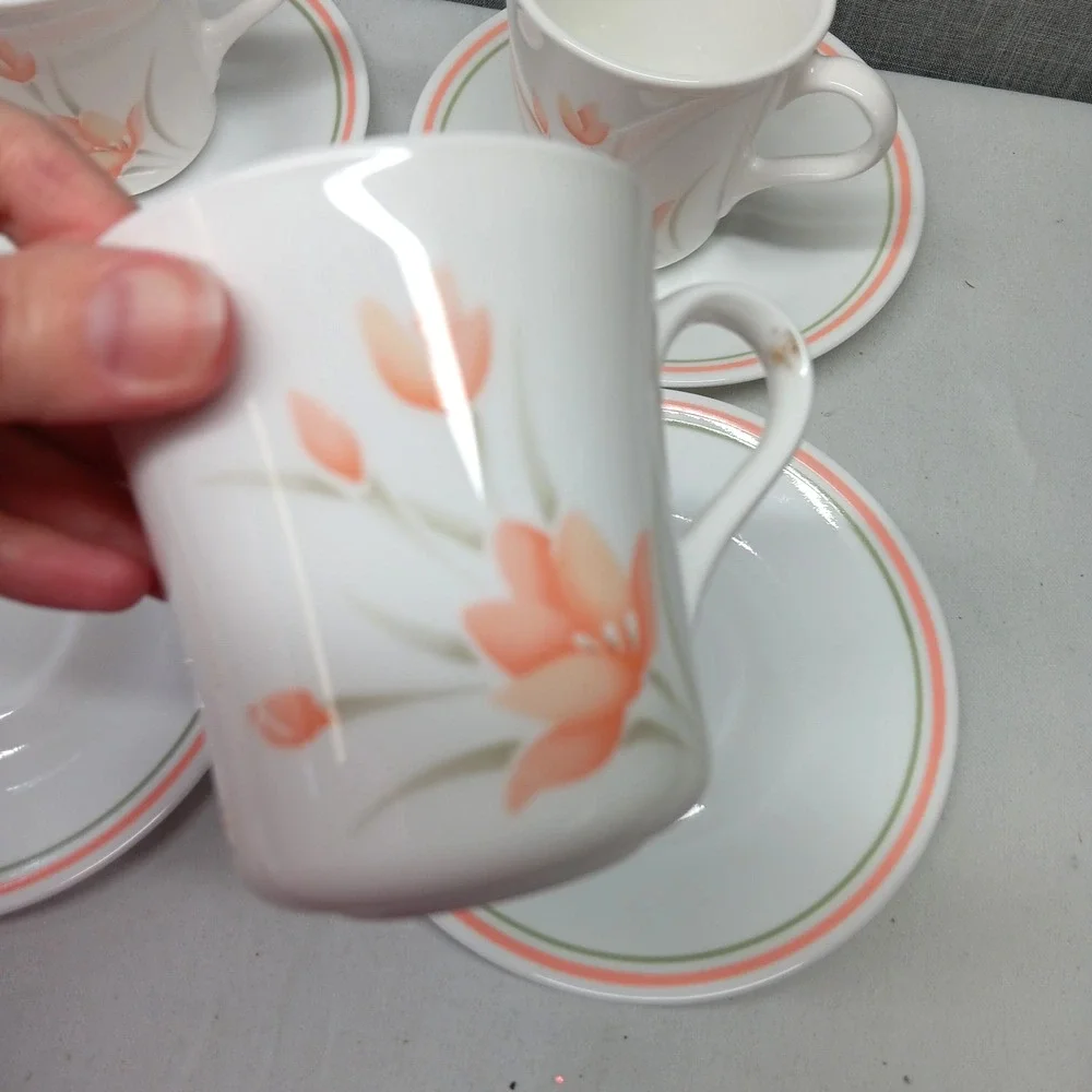 Vintage Corelle Peach Floral Cup Saucer Set‎ 4 Pink Green Stripe USA